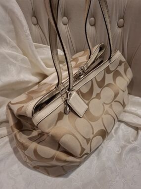 Coach Signature Canvas Shoulder Bag in Beige and Cream